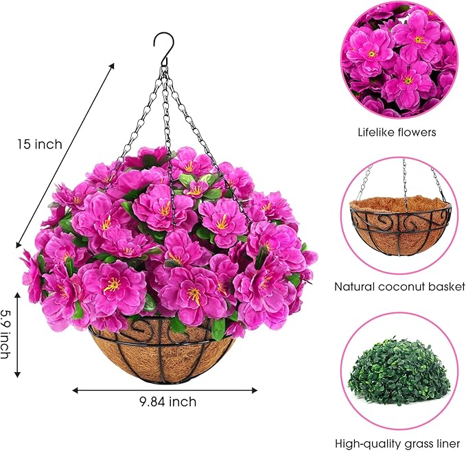 Ouddy Decor Artificial Hanging Flowers with Basket, Silk Azalea Flowers in Coconut Basket, Fake Hanging Plants Artificial Decor for Outdoor Indoor Yard Garden Patio Home Room Porch Decor (Fuchsia)