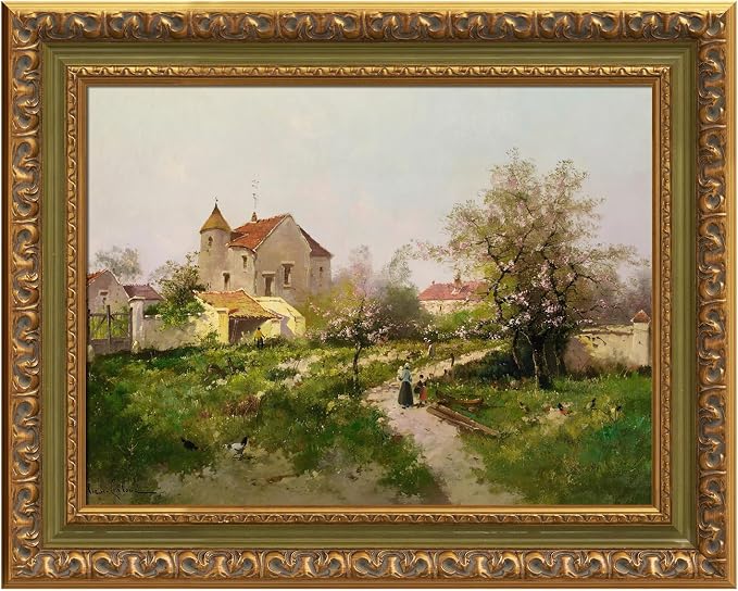 Antique French Canvas Frame for 24x36 Oil Paintings Diamond Art Prints, 3.5” Wide DIY Vintage Gallery Wall Frame for Coffee Book Shop Dining Room Kitchen Decor, No Backing & Glass (Green Gold)