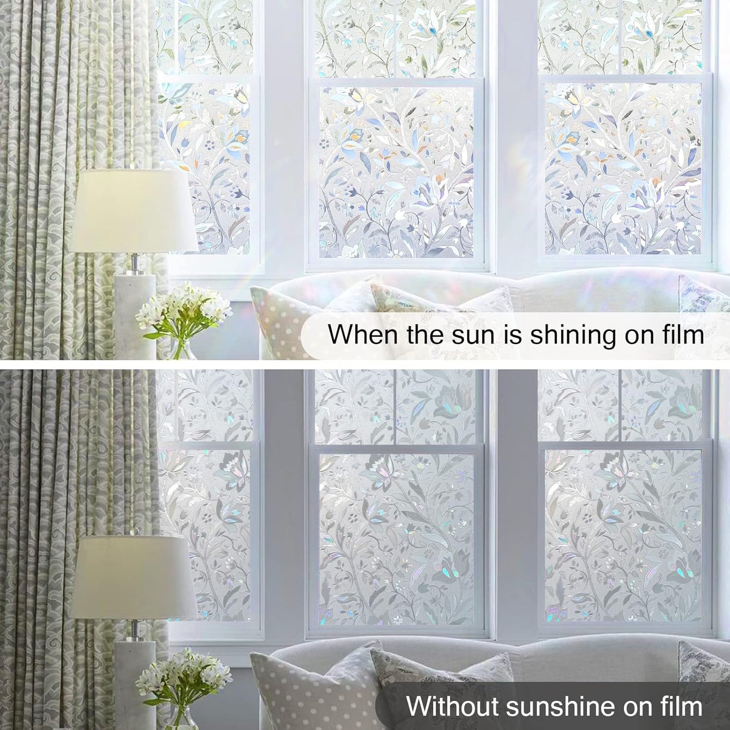 DOWELL Window Privacy Film, 3D Stained Glass Rainbow Films, Decorative Window Vinyl Sun Blocker Door Covering, Static Cling Non-Adhesive Glass Sticker for Home, Blooming Flowers, 23.6"x157.4"