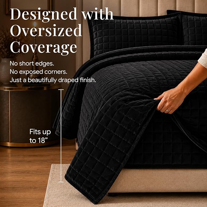 Tribeca Living Luxury Velvet Quilt Twin Size Set - 260GSM Ultra-Soft Oversized Velvet Bedspread Comforter Set with 1 Sham, in Florence Black
