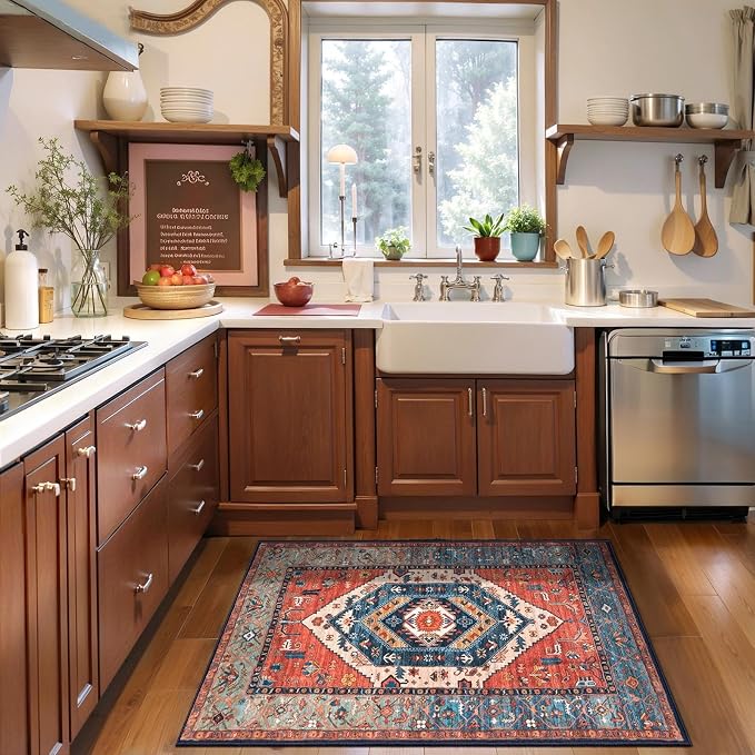 SERISSA Boho Rugs for Entryway, 2x3 Rust Entryway Rug Non-Slip Washable Small Area Rug, Ultra Soft Oriental Vintage Low-Pile Indoor Door Mat Floor Carpet for Entrance Bedroom Kitchen Bathroom