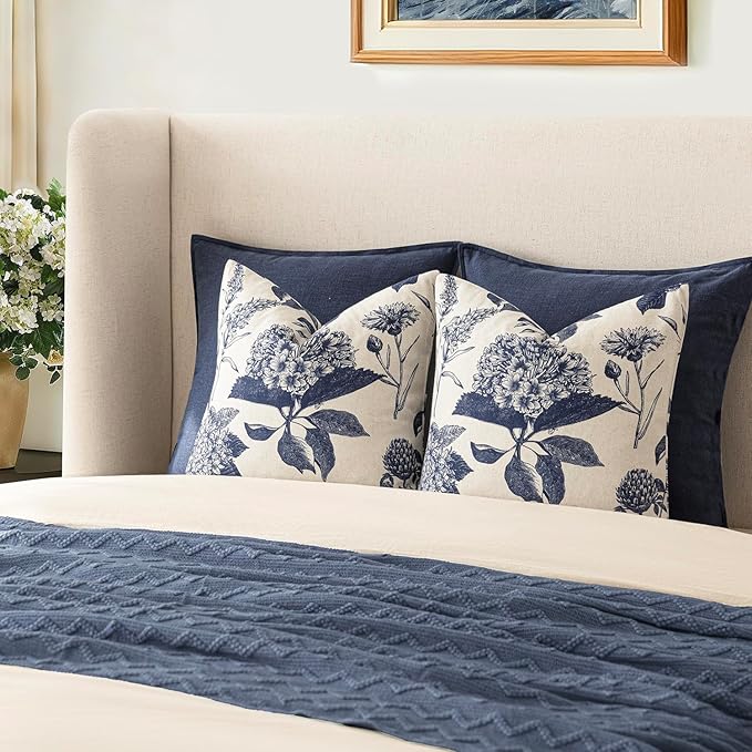 Foindtower Set of 2 Linen Floral Vintage Throw Pillow Covers Neutral Accent Print Decorative Cozy Cushion Covers Farmhouse Boho Home Decor for Sofa Chair Couch Bed Living Room,20×20 Inch,Navy Blue