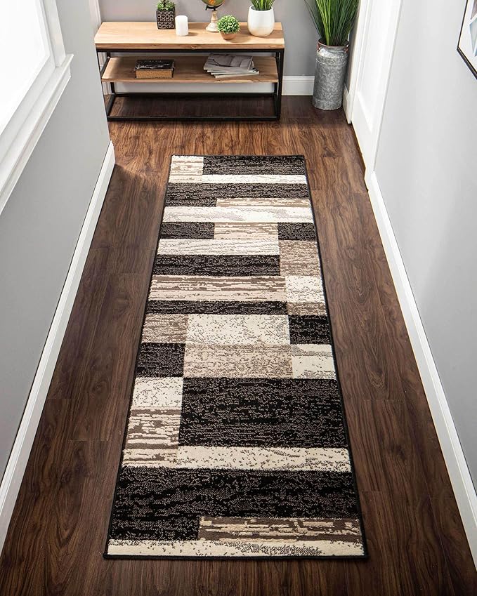 Superior Indoor Runner Rug, Jute Backing, Plush Modern Rugs for Entryway, Kitchen Floors, Office Floor Cover, Color Block Rugs, Rockwood Collection, 2' x 11', Chocolate