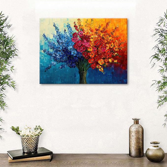 Colorful Flower Wall Art Teal Red Orange Wildflower Painting Abstract Texture Botanical Picture Canvas Prints for Living Room Floral Poster Modern Framed Artwork Bathroom Bedoom Home Decoration 12x16