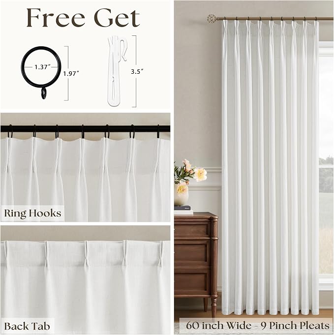 Pinch Pleated Extra Wide Linen Curtains 84 Inches Long for Patio Sliding Glass Door 60 Inch Wide Pleated Drapes with Hooks Rings Neutral Semi Sheer 60x84 Curtain for Living Room 1 Panel Ivory Birch