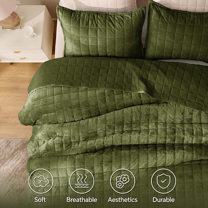 BEDELITE Velvet Quilt Set Queen Size - Luxury Soft Velvet Comforter Bedding Set for All Season, Lightweight Quilted Box Stitch Oversized Bedspread Coverlet with 2 Matching Shams, Olive Green