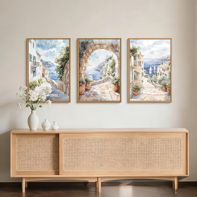 LHIUEM Watercolor Italy Coast Framed Canvas Wall Art,Modern Europe Countryside Wall Decor,Seascape Painting,Neutral Mediterranean Artwork for Living Room,Bedroom,Dining Room -24"x36"x3