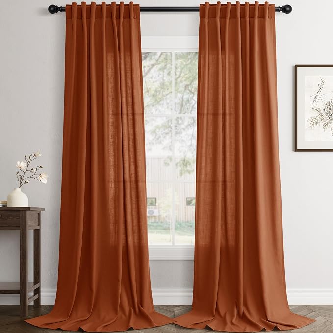 Jowels Terracotta Linen Curtains 108 Inch Long 2 Panels for Living Room | Burnt Orange Light Filtering Semi Sheer Curtain,Back Tab Pocket Pleated Look,Boho Textured Privacy Drapes for Bedroom Window