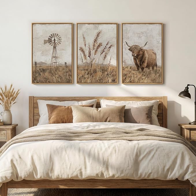 Cuspin Large Neutral Farmhouse Wall Art for Living Room, Vintage Rustic Beige Highland Cow Canvas Prints Set of 3, Retro Country Pictures for Bedroom Dining Room Hallway Wall Decor 20x30 Inch