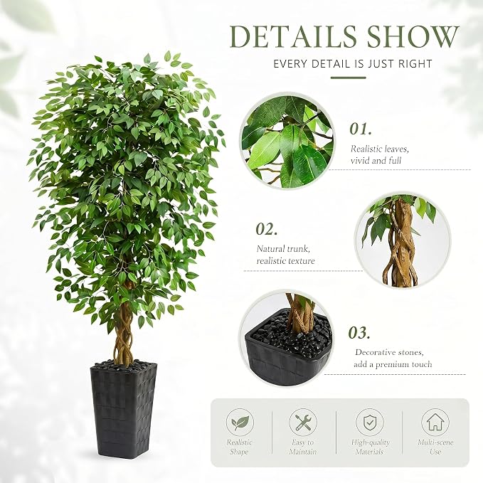 Artificial Ficus Tree 5FT Faux Floor Tree with Planter UV Resistant Potted Fake Silk Plant - Faux Trees Indoor Outdoor Lifelike Fake Ficus Tree for Home, Living Room Bedroom Topiary Tree