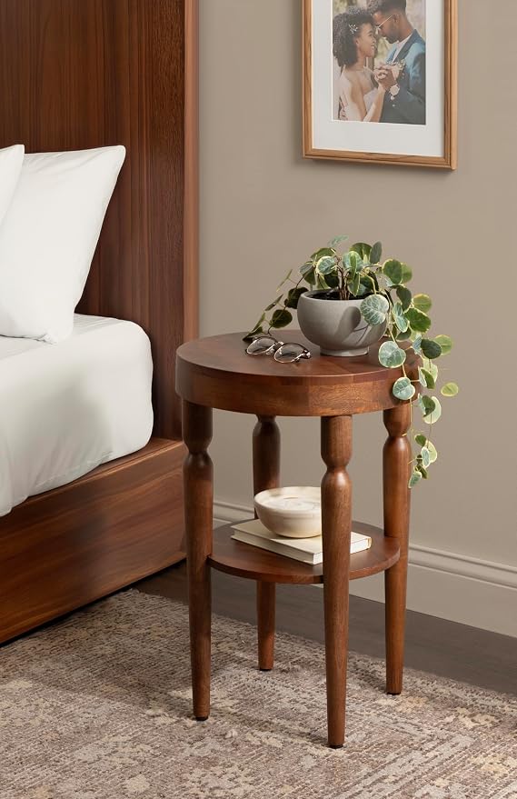 Kate and Laurel Ardentown Modern Round Wood Side Table, 16 x 16 x 24, Walnut Brown, Turned Leg Two-Tier End Table for Use as a Bedroom Nightstand or Living Room Plant Stand Table