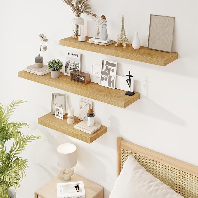 24in Floating Shelves for Wall, 24"W x 9.25"D x 1.25"H, 2 Pack Long Wall Mounted Engineered Wood Shelves with Invisible Brackets for Living Room, Bedroom, Bathroom, Kitchen Decor and Storage, Oak