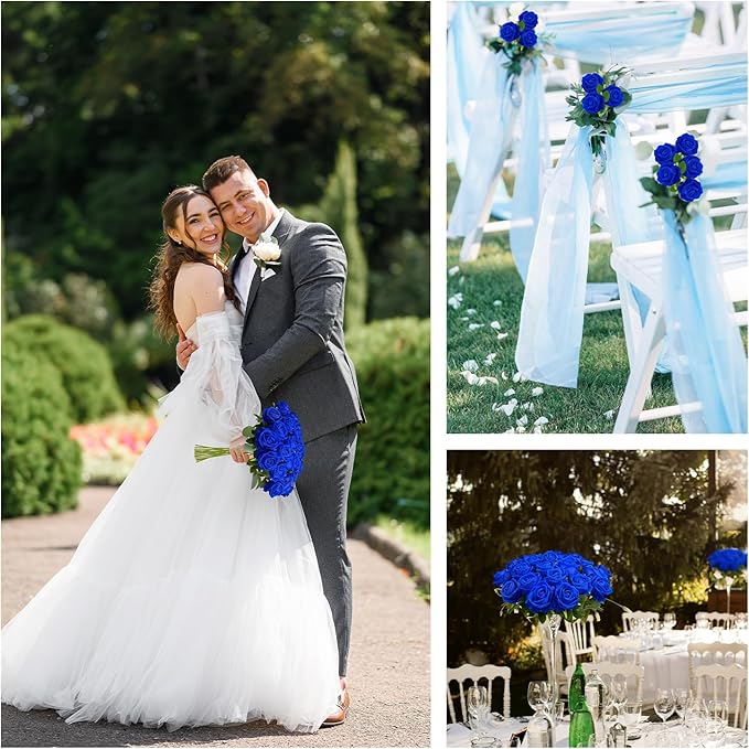 Wondrus Bulk Artificial Flowers 100 PCS, Fake Velvet Silk Blue Roses with Long Stems Realistic Bouquet for Wedding Centerpieces, Faux Arrangement for Home Table Decor