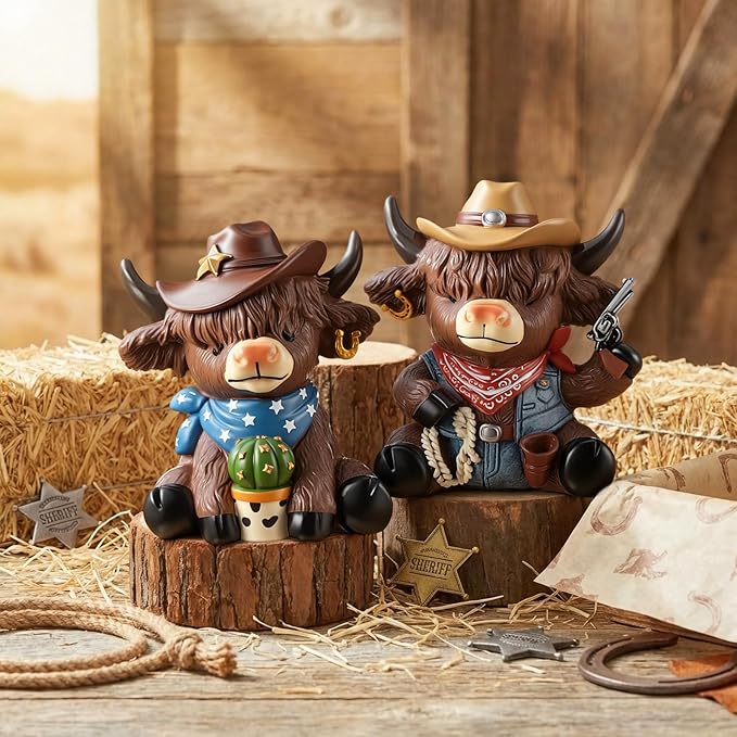 Wesiti 2 Pcs Cowboy Highland Cow Figurines, Western Resin Statue Set for Country and Farmhouse Home Shelf Decor, Cute Unique Gift for Cow Lovers and Collectors