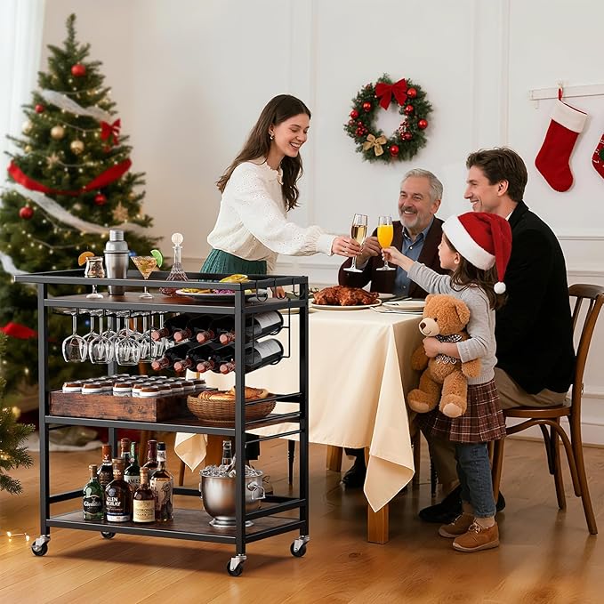 Leteuke Bar Cart for Home, 3 Tier Rolling Serving Carts with Wheels | Drink Cart, Liquor Stand with Removable Tray, Wine Rack and Glass Holder for Kitchen, Outdoor, Dining Room-Black Brown