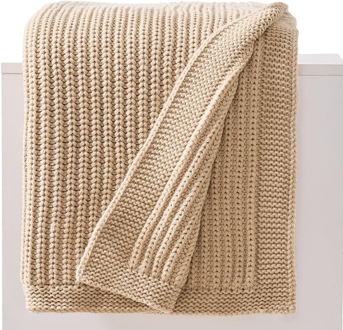 Chunky Knit Beige Throw Blanket for Couch Soft Cozy Thick Cable Knitted Throw for Sofa Bed Cute Decorative Blanket for Living Room,50"x 60",Ginger Beige