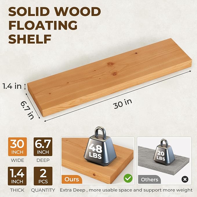 30 inch Floating Shelves for Wall, High End Solid Real Wood Floating Shelf with Heavy Duty Invisible Bracket 30in Long Wooden Wall Shelves for Living Room, Bedroom, Kitchen, Bathroom, Set of 2,Natural