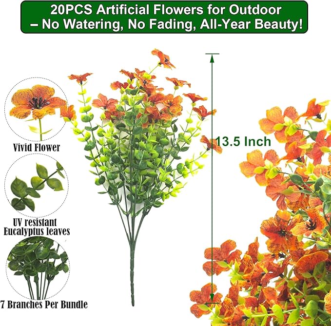 Grunyia 20 Bundles Artificial Flowers for Outdoors, UV Resistant Fake Plants Flowers Greenery Shrubs Plants for Decoration Outside Plants Hanging Planter Home Garden Decor (Orange)