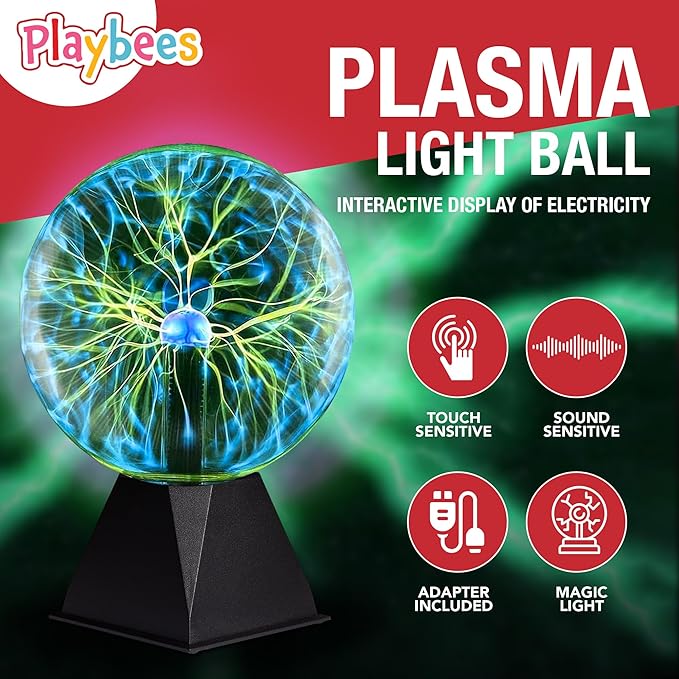 Playbees Green Plasma Ball - 7 Inch - Tesla Coil Bulb Static Electricity in a Vacuum Pressurized Glass Globe, Nebula Thunder Lightning, Plug-in - for Parties, Decorations, Prop, STEM