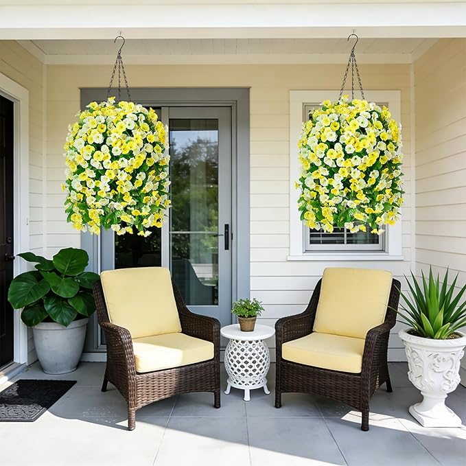INXUGAO Artificial Flowers with Hanging Basket, Outdoor Faux Plants Silk Morning Glory Vines, Fake Green Arrangement for Garden Patio Spring Summer Decor(4pcs,Yellow White)