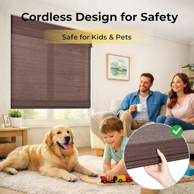 UNISHADES No Drill Cordless Bamboo Roman Shades, Light Filtering Woven Natural Bamboo Window Covering, Easy Install Roman Style Shade, for Window Size 46" W × 64" H - Coffee