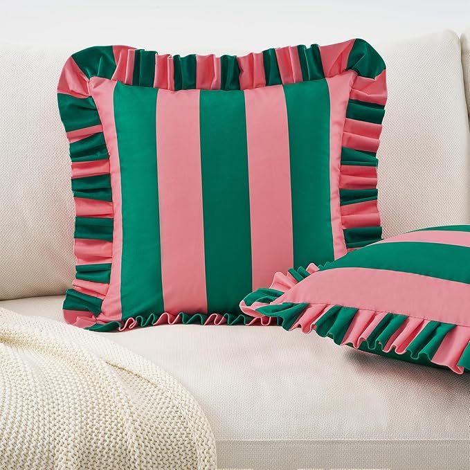 MONDAY MOOSE Decorative Throw Pillow Covers, Set of 2 Water-Resistant Striped Design with Ruffle Edge for Outdoor/Indoor Use, Pillow Inserts Not Included (16x16 inch, Pink/Dark Teal)