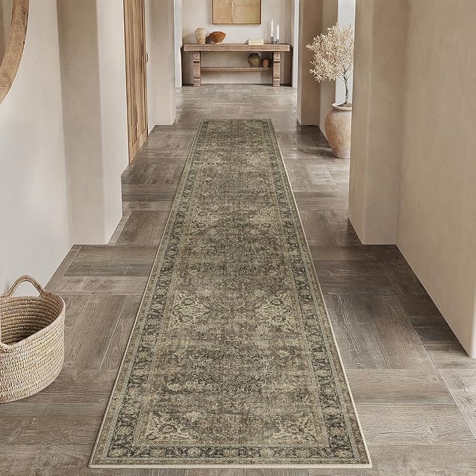 3x12 Washable Runner Rug Brown Vintage Non Slip Soft Low Pile Hallway Kitchen Rug Distressed Oriental Carpet for Laundry Bathroom Bedroom Living Room Home Decor