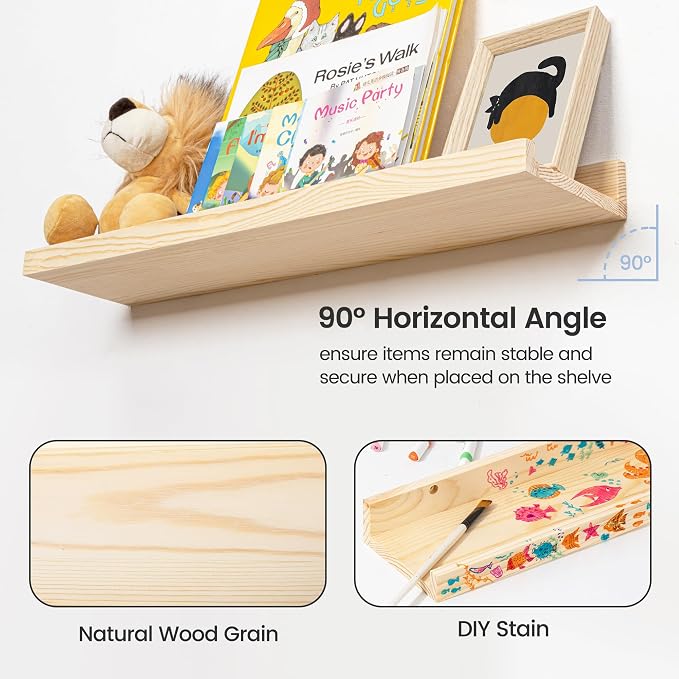 Picture Ledge Shelf for Wall, 24 inches Solid Pine Wood Nursery Book Shelves 3 Packs, Floating Ledge Shelves for Kids' Room Bedroom Bathroom Living Room Photo Frames Office Nursey Wall Decor, Natural