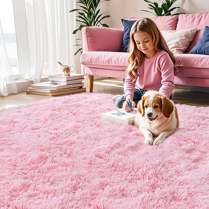 Pink Fluffy 8x10 Large Area Rugs for Bedroom Living Room Girls, Soft Washable Fuzzy Furry Shag Rug for Kids Room, Nursery, Dorm Decor, Cute Plush Carpet for Baby Toddler