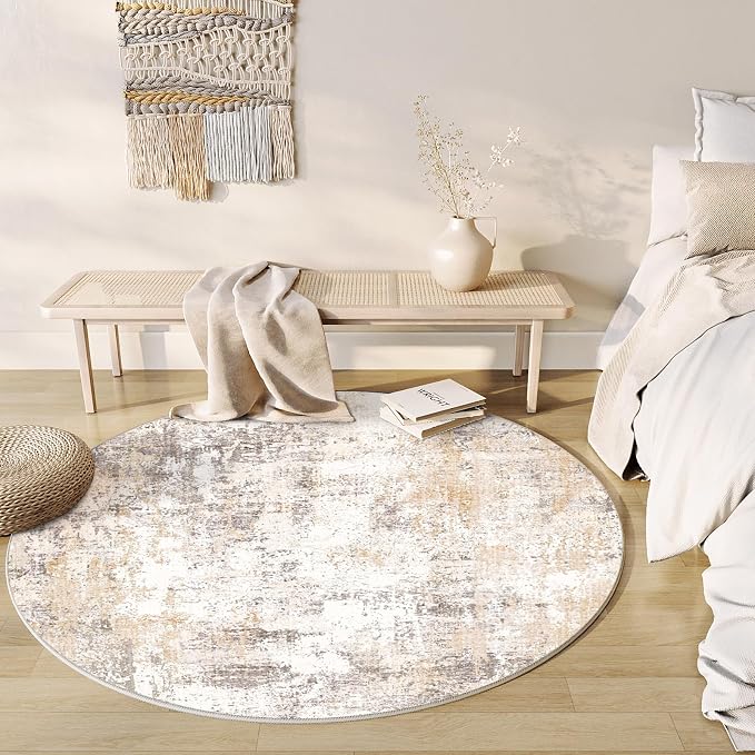 6x6 Washable Round Rug Beige Grey Abstract Non Slip Soft Low Pile Circle Rug for Living Room Bedroom Neutral Modern Indoor Carpet for Dining Room Office Entryway Home Decor