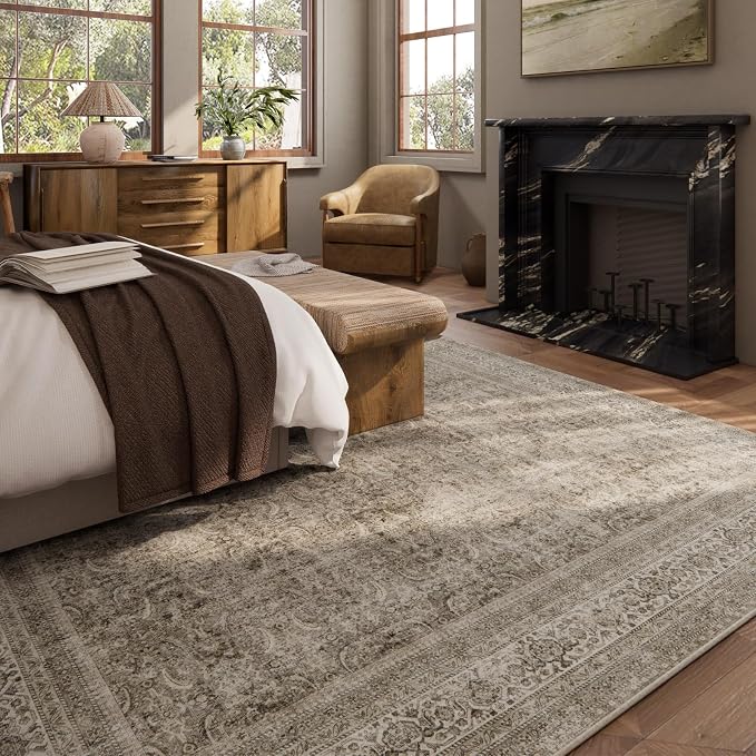 Washable Area Rugs for Living Room: 9x12 Bedroom Rug Boho Vintage Area Rug Stain Resistant Non Slip Low Pile Lightweight Soft Carpets for Dining Room Kitchen Nursery Kids Room Farmhouse