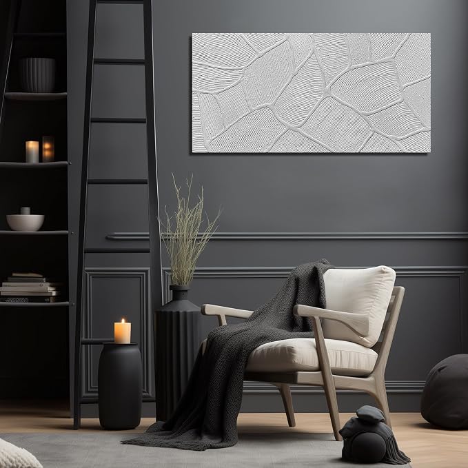 DNIEOTU Hand Painted Abstract Wall Art for Living Room, White Textured Canvas Artwork Wall-Decor for Bedroom, Modern Minimalist Geometric Paintings for Hallway Office, Size 40 x 20 Inches