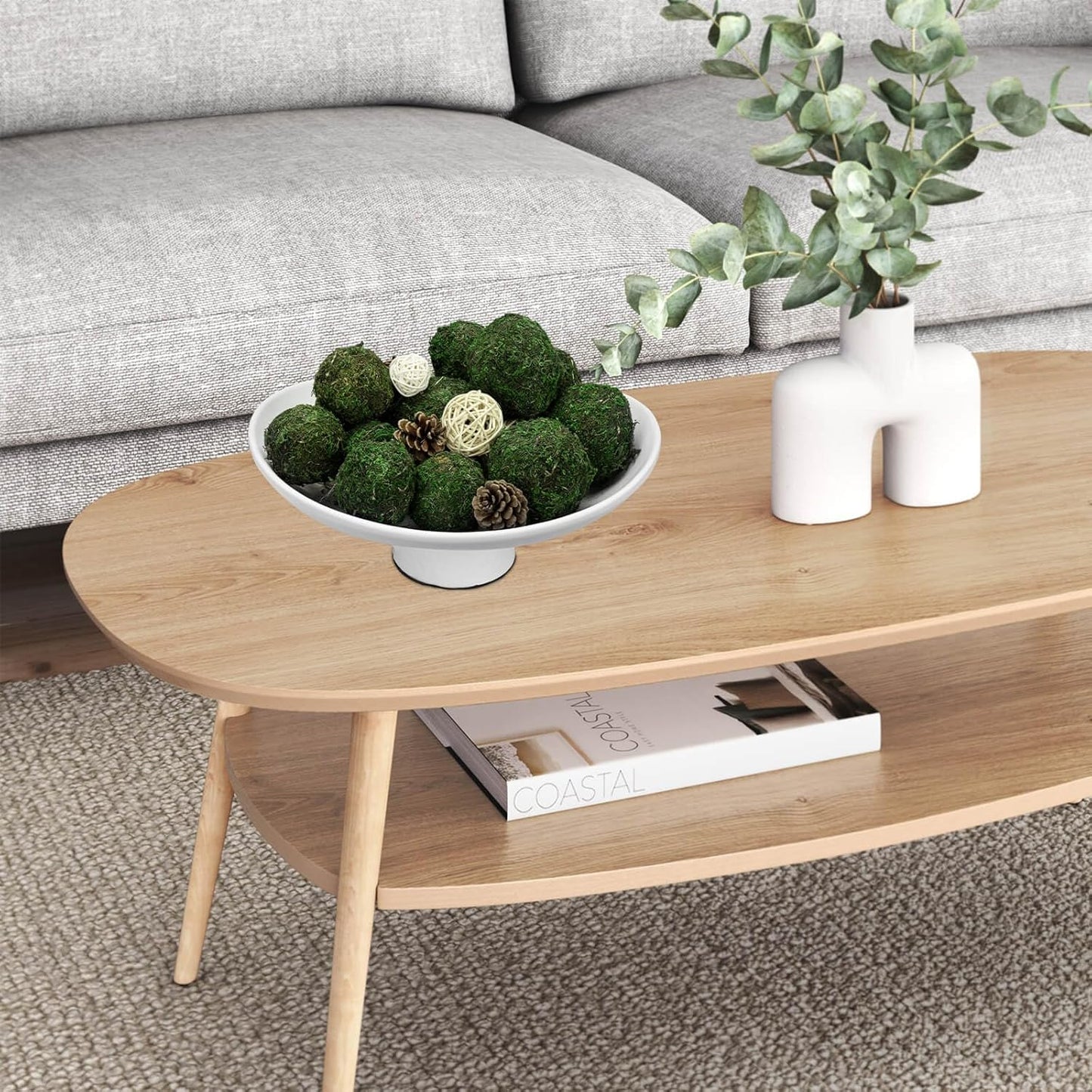 NAHARO Elegant Ceramic Bowl with Moss Ball Set-13.2x10.5 Decorative Bowl with 18pc Decorative Balls for Farmhouse Table Centerpiece, Living Room or Home Decor