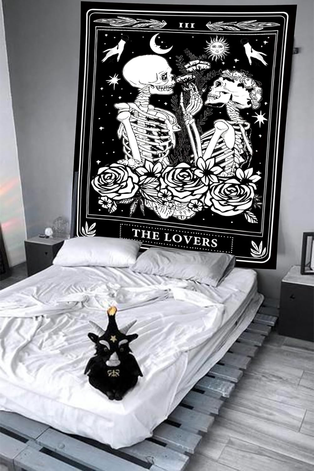 Onivein The Lovers Skull Tapestry Gothic Tapestry Vertical Black and White Skeleton Gothic Witch Sun Moon Floral Plant Snake Tapestries Wall Hanging Decor for Bedroom Dorm Room 30 x 40 Inches