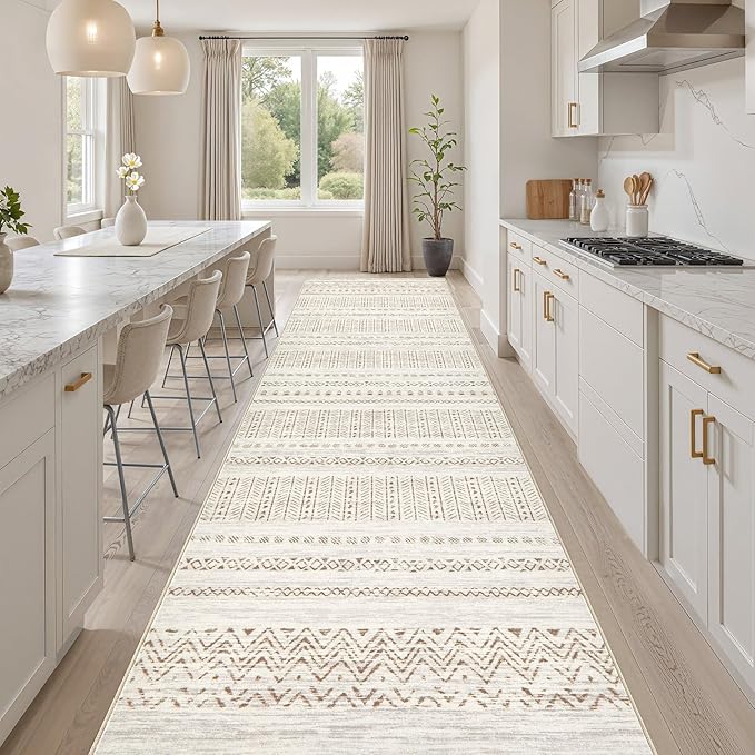 cotiled Hallway 3x10 Runner Rugs: Washable Boho Rugs with Non Slip Backing Large Soft Indoor Stain Resistant Carpet for Living Room Bedroom Farmhouse Dining Room Lightweight Home Decor Brown/Cream