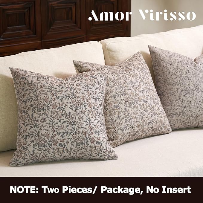 Amor Virisso Floral Throw Pillow Covers 24x24 Set of 2 Vintage Block Print Pillow Covers Decorative Pillow Covers Couch Pillows for Living Room Farmhouse Accent Sofa Pillows, Green/Sand