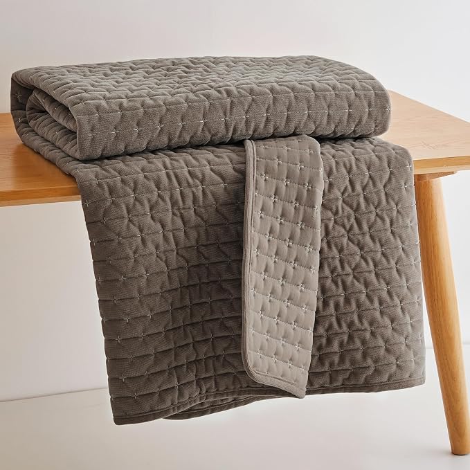 Levtex Home - Velvet Stitch Throw - Quilted Throw (50x60in.) - Velvet - Cocoa, White - Reversible - Polyester