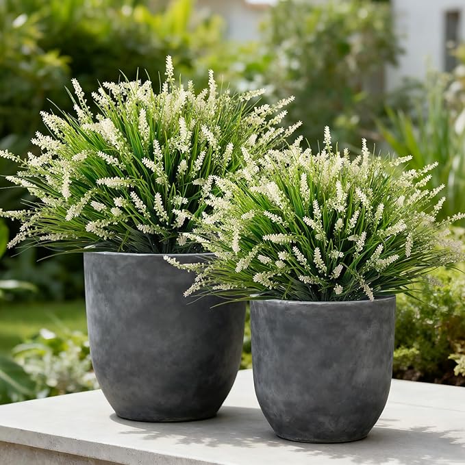 Ammyoo 24 Pcs Artificial Faux Plants for Outdoor Spring Decoration, Fake Monkey Grass for Garden Porch Balcony Planters, Fake Greenery Shrubs UV Resistant No Fade Plants Bush for Pathway(White)