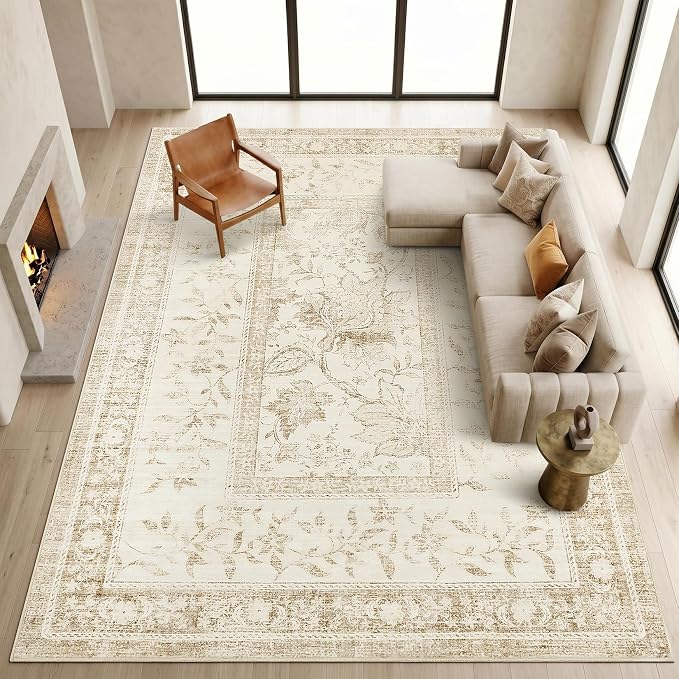 GarveeHome Vintage Beige Area Rug 9x12 for Living Room Washable Cottage Core Retro Farmhouse Low-Pile Non-Slip Large Carpet for Bedroom Dining Room Home Office TPE Backing Indoor Decor