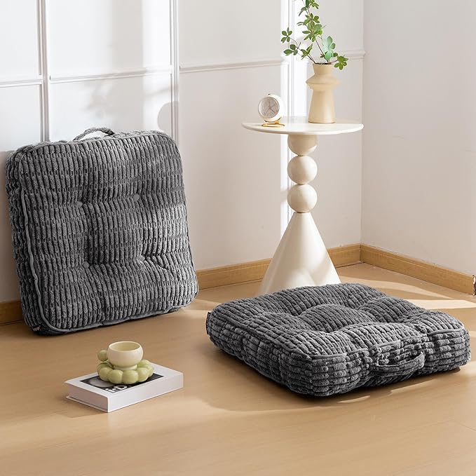 HIGOGOGO Floor Pillow Cushion for Adults, Meditation Cushion Pillow, Blended Corduroy Cover, Large Square Floor Sitting for Tatami Living Room or Yoga, 2Pack, Dark Grey