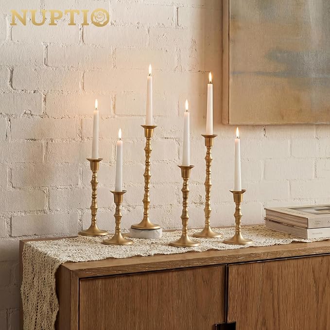 Nuptio Gold Candle Holders for Candlestick: Set of 6 Tall Taper Candle Stick Holders for Fall Thanksgiving Christmas Living Room Fireplace Dinner Table Cafe Table Decor