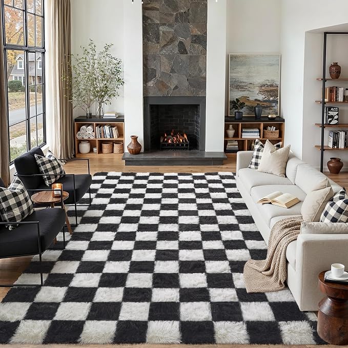PureCozy Checkered Rug 9x12 for Living Room, Black and White Modern Shag Rugs Super Soft Washable Indoor Office Fuzzy Carpet Non-Slip Fluffy Rugs for Bedroom Home Aesthetic Decor