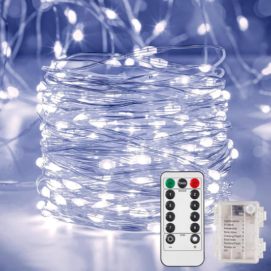 2 Pack 32.8 Ft. Battery Operated Outdoor String Lights with Remote & Timer, LED Cool Whit Fairy Lights, Waterproof Twinkle Lights for Bedroom, Dorm, Mason Jar, Wedding, Party, Christmas