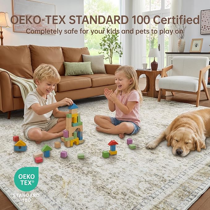 Sasttie 6x9 Area Rugs, Ultra-Soft Washable Rug, Low Pile Foldable Thin Carpets with Non-Slip Backing, Skin-Friendly Stain Resistant Carpet for Living Room, Bedroom, Kitchen, Dorm, 6x9, Beige
