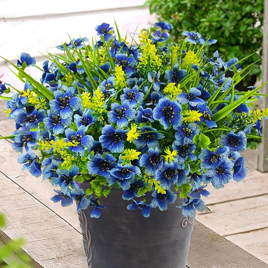 8 Bundles Artificial Flowers Outdoor Silk Fake Plants UV Resistant Faux Plastic Greenery Shrubs for Home Outside Garden Front Porch Window Box Pot Planters Decor (Blue+Yellow)
