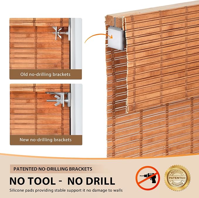 LazBlinds No Tools No Drill Cordless Bamboo Roman Shades, Light Filtering Window Treatment, Roll Up Bamboo Blinds for Windows 42'' W x 64'' H, Wood