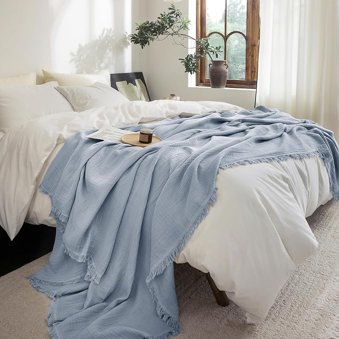 FOSSA Muslin Blanket 4-Layer 100% Cotton Gauze Blanket with Fringe 108"x98" | Super Soft Breathable Lightweight All Season & Decorative Blanket or Bed, Sofa, Office (Cornflower Blue,Super King)