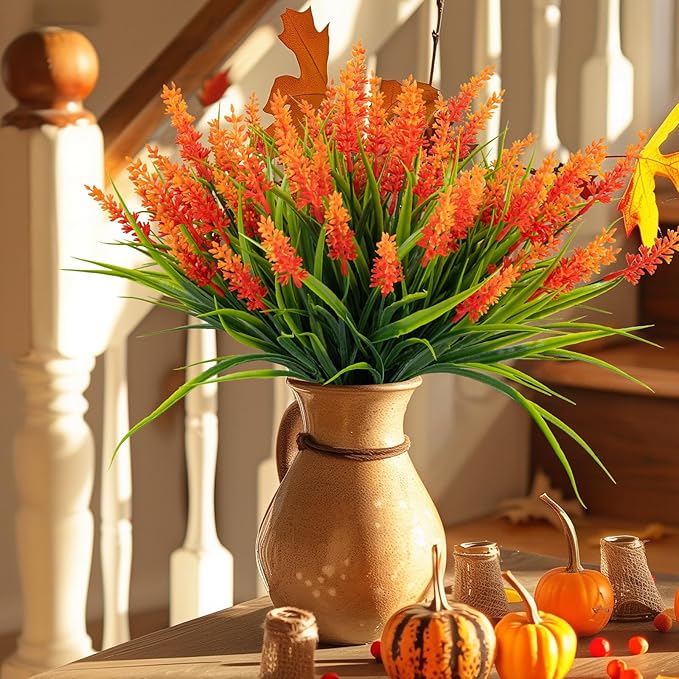 Nigirior Artificial Flowers for Outdoor Plants 24 Bundles Fake Lavender Plastic Faux Monkey Grass for Verandah Window Garden Office Patio Front Porch UV Resistant for Planter(Orange)