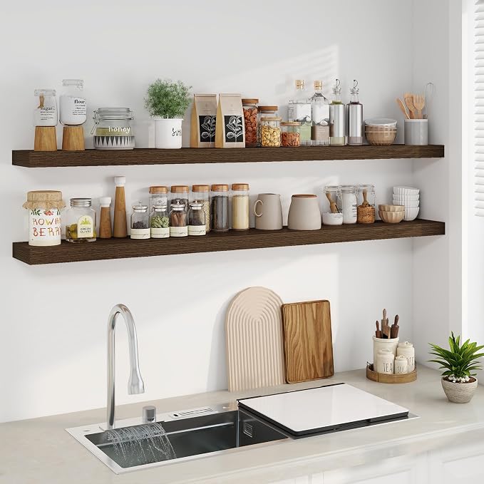 Fun Memories 66 Inch Fireplace Mantel - Long Floating Shelf, Wall Mounted Farmhouse Display with Invisible Heavy Duty Metal Bracket, Walnut, 2 Pack