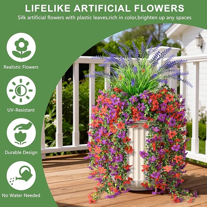 Artificial Fake Flowers Plants for Outdoor Decoration,3 Pcs Faux Hanging Flowers with Lavender Spring Summer Decor,UV Resistant Realistic Fake Silk Flowers for Planter Balcony Yard Porch Garden Decor